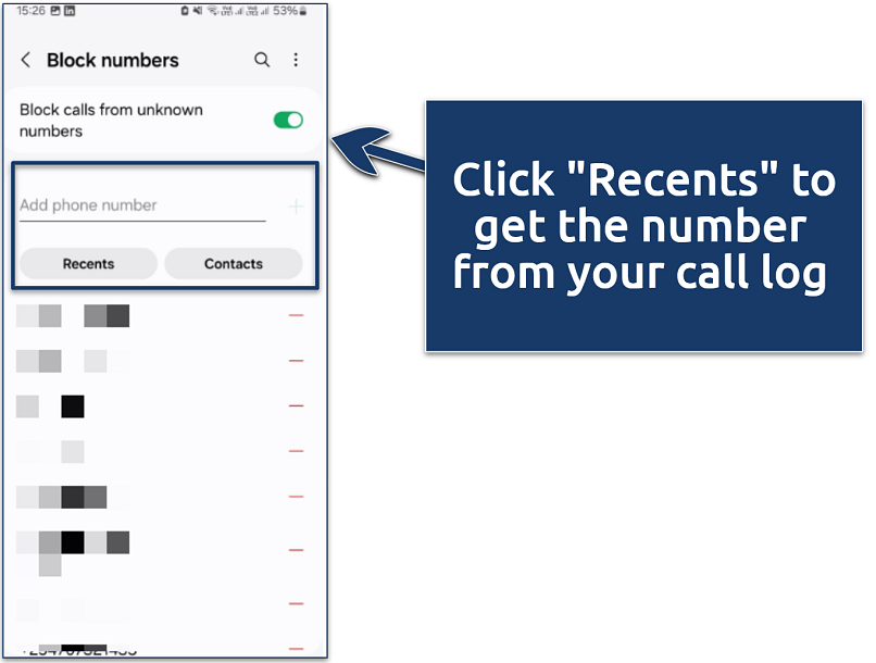 Android screen showing the option to block unknown numbers and add phone numbers manually