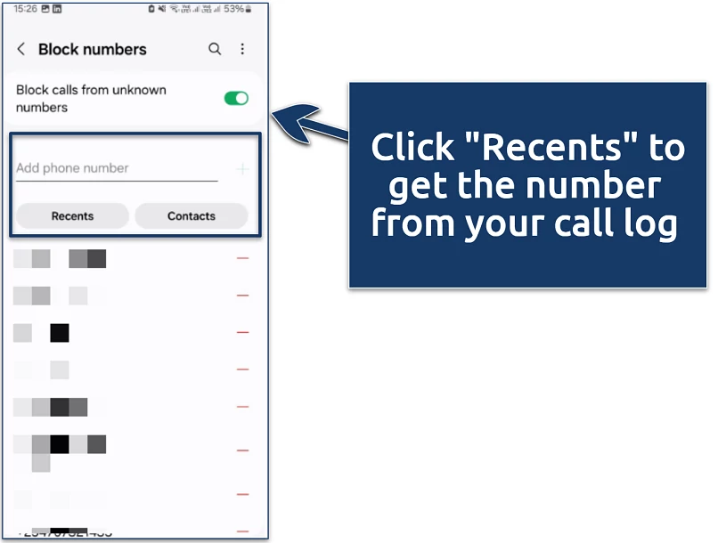 Android screen showing the option to block unknown numbers and add phone numbers manually
