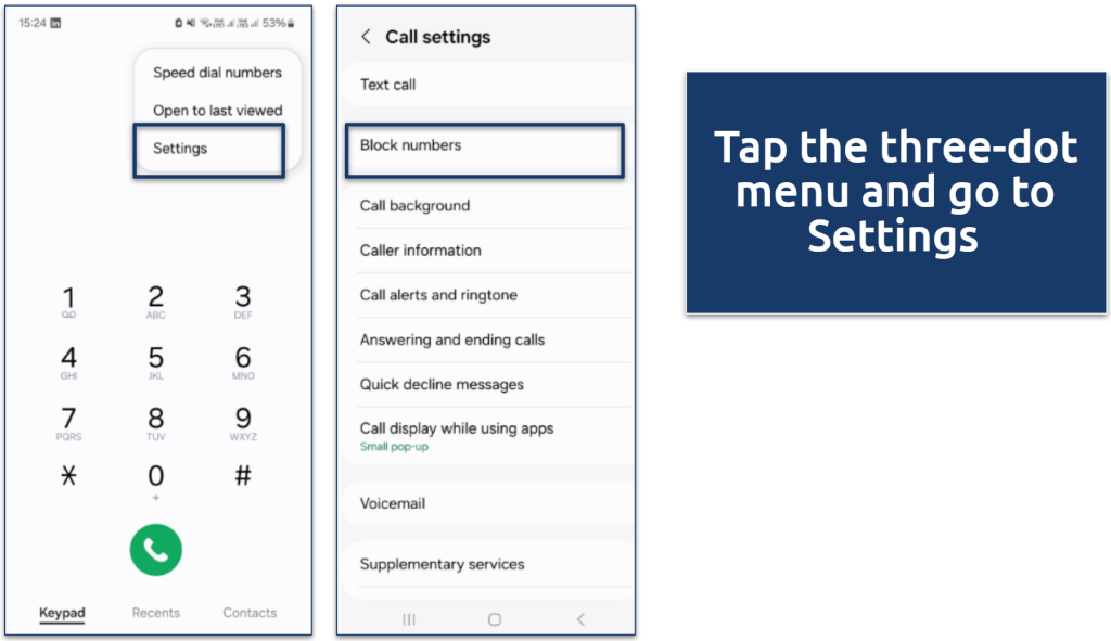 Screenshot showing how to access Call Settings and select 