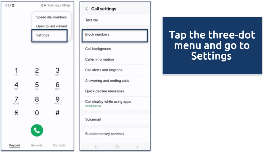 Screenshot showing how to access Call Settings and select 