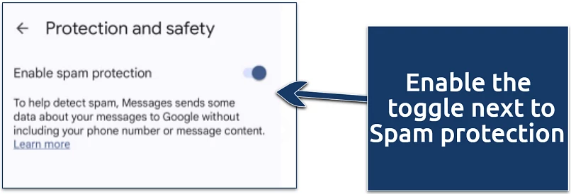 Google Messages setting screen showing how to enable spam protection under Protection and Safety