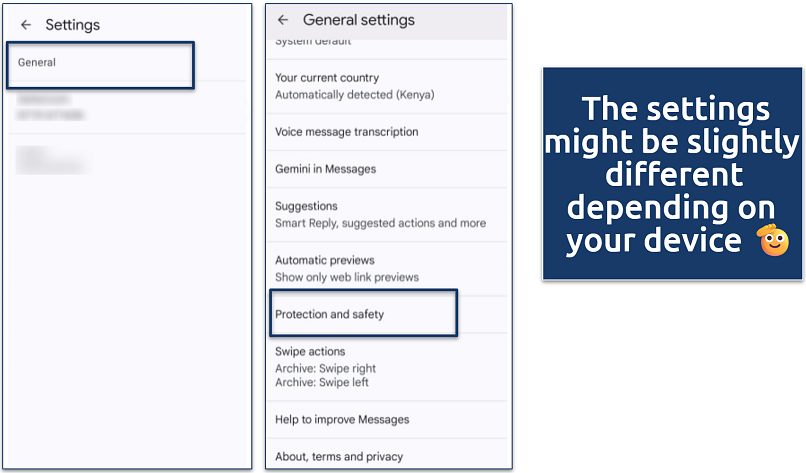 Google Messages settings showing how to access the Protection and Safety menu