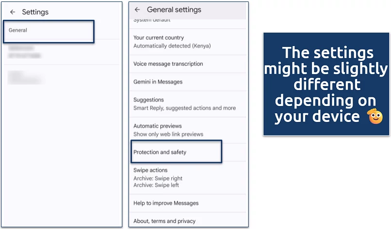 Google Messages settings showing how to access the Protection and Safety menu