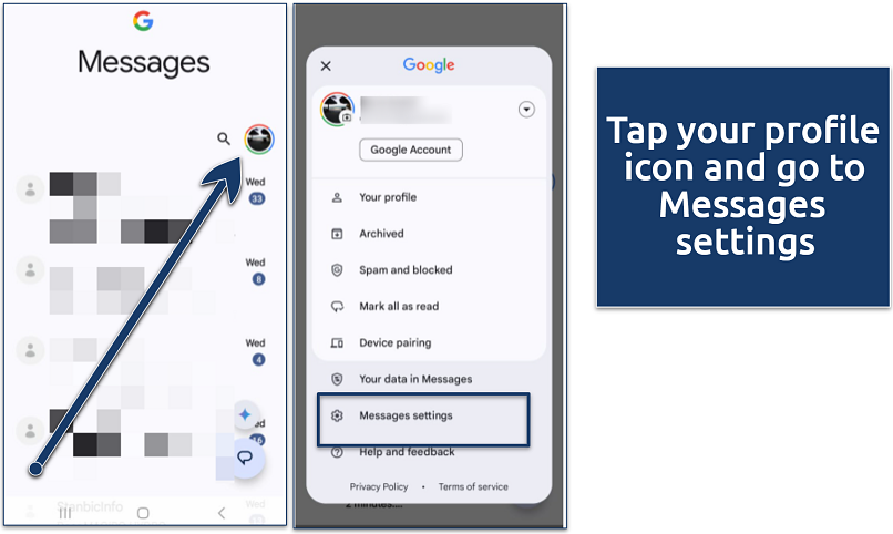Google Messages screenshot showing how to open the Messages settings from the profile menu