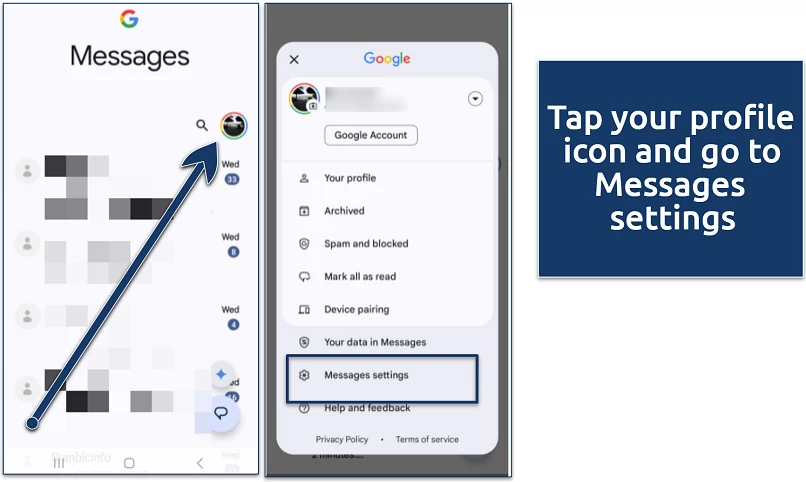Google Messages screenshot showing how to open the Messages settings from the profile menu