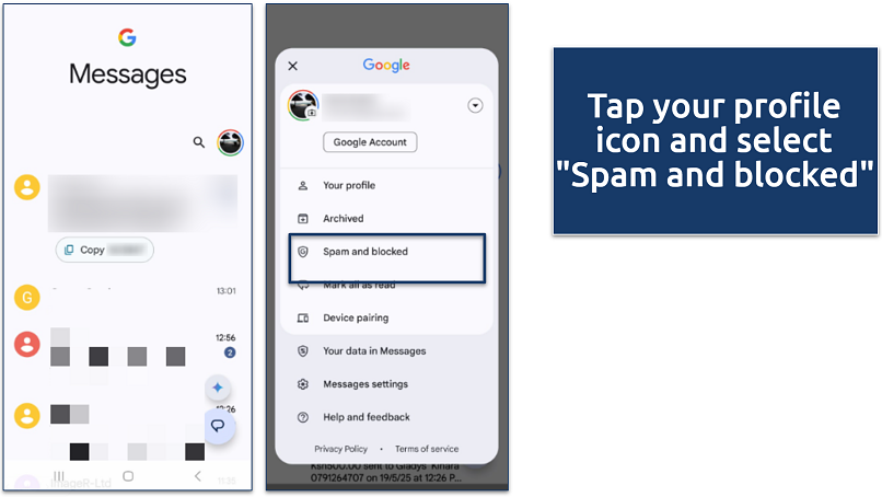 Google Messages screenshot showing where to find the Spam and Blocked folder