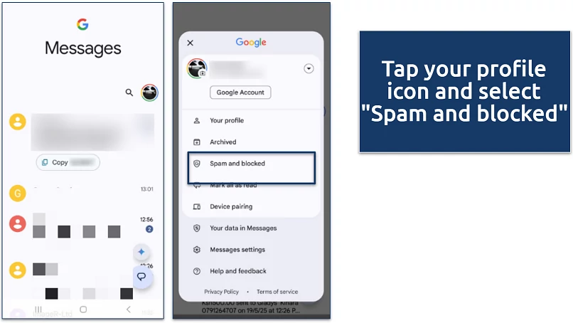 Google Messages screenshot showing where to find the Spam and Blocked folder