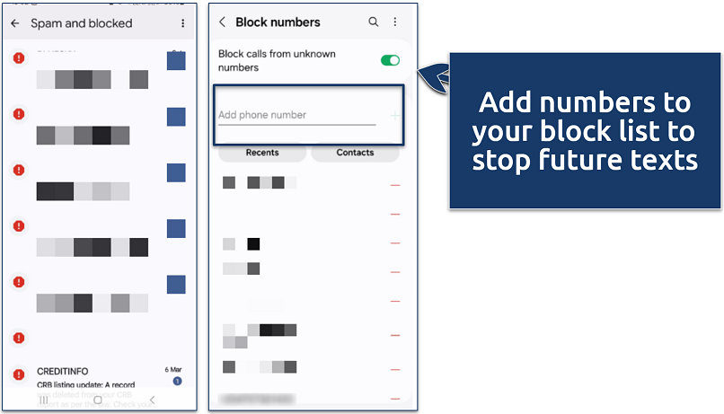 Google Messages and Android settings showing spam messages and the option to block unknown numbers