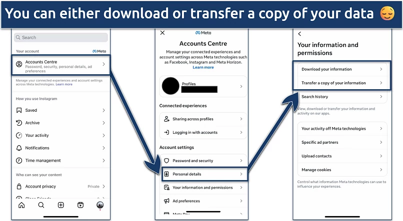 Screenshot showing the Instagram settings for downloading or transferring user data