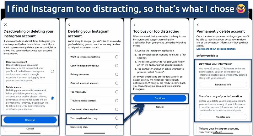Screenshot of the page where users select a reason for deleting their Instagram account