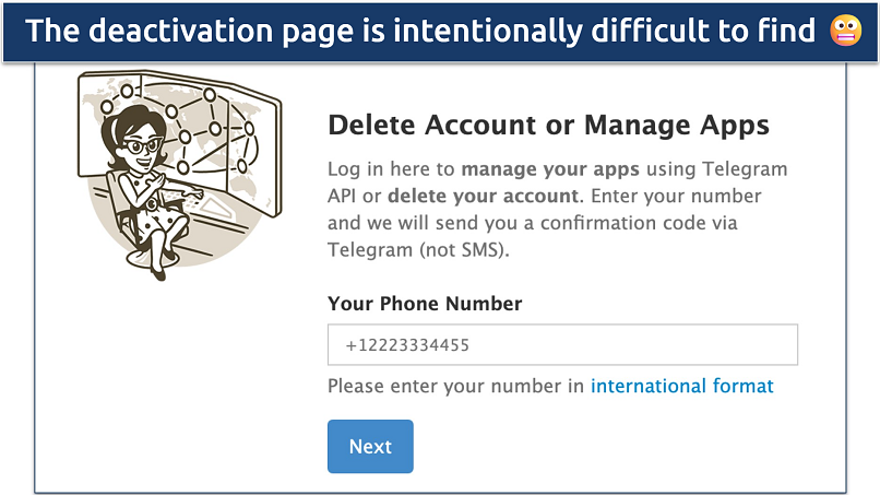 Screenshot showing the deactivation page on Telegram