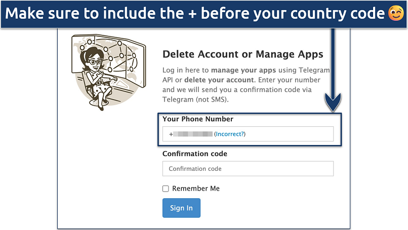 Screenshot showing the Delete Account or Manage Apps page on Telegram