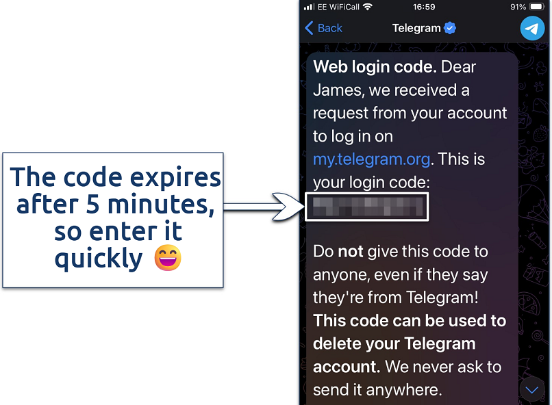 Screenshot showing the login code message on Telegram