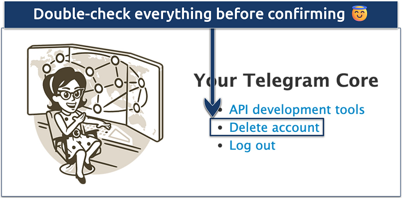 Screenshot showing the Your Telegram Core page, where you can delete your account