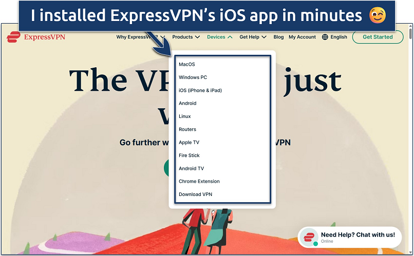 Screenshot of the ExpressVPN website homepage with the app download dropdown menu