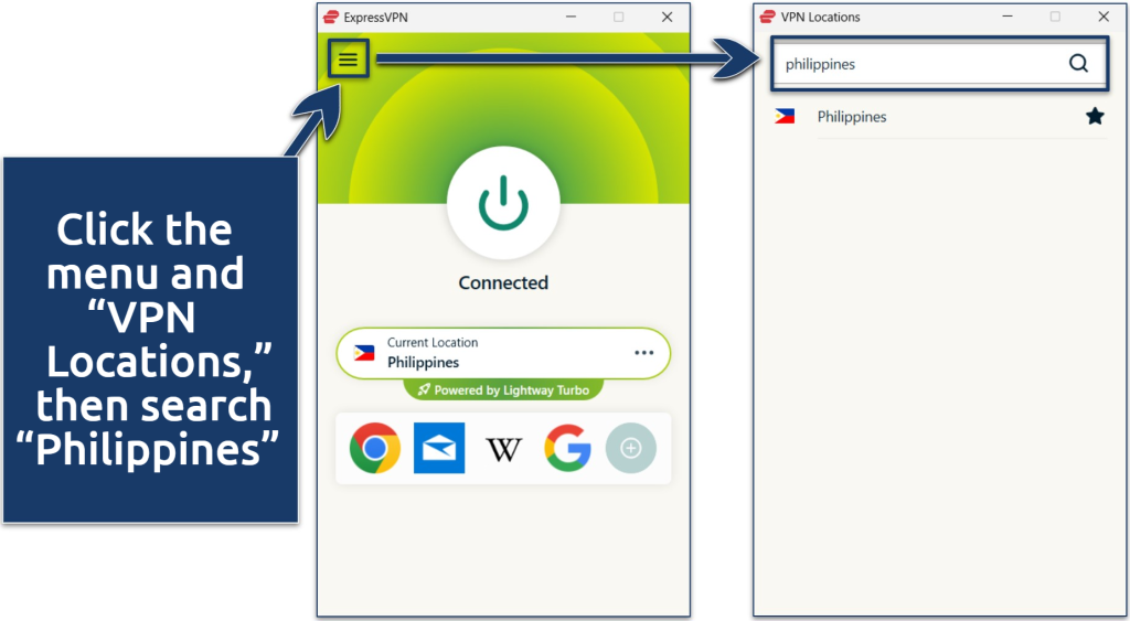 Screenshot of the ExpressVPN Windows app interface with a connection to the Philippines server and its Philippines server list