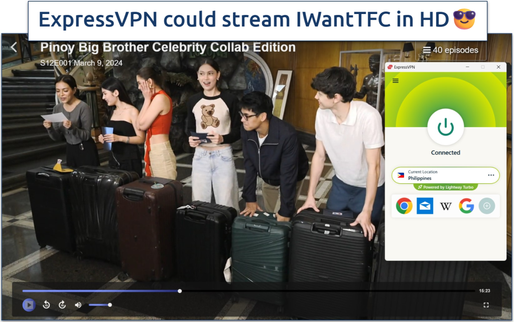 Screenshot of streaming Pinoy Big Brother on iWantTFC while connected to the ExpressVPN Philippines server