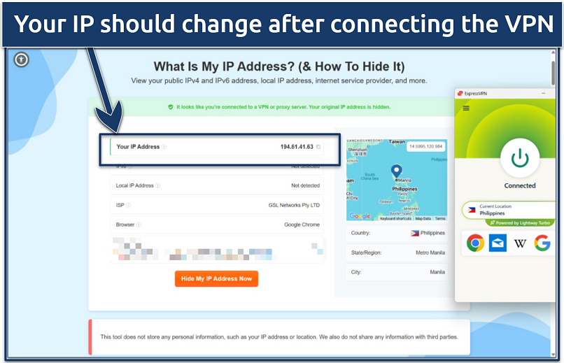Screenshot of the result of an online IP test with an active ExpressVPN Philippines connection and a message that the connection is protected by a VPN