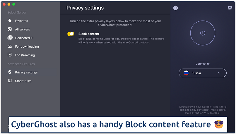 Screenshot showing how to enable CyberGhost's Block content feature