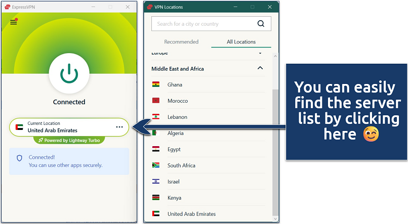 Screenshot of ExpressVPN's Windows app with the list of servers in the Middle East and Africa
