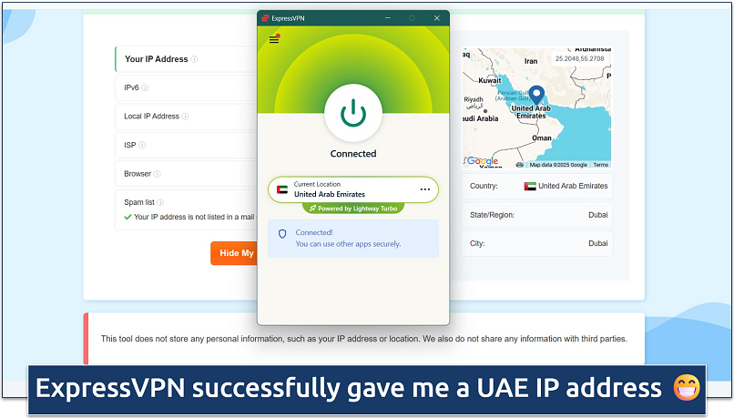 Screenshot of vpnMentor's IP checker showing a Dubai IP address with ExpressVPN connected to the UAE
