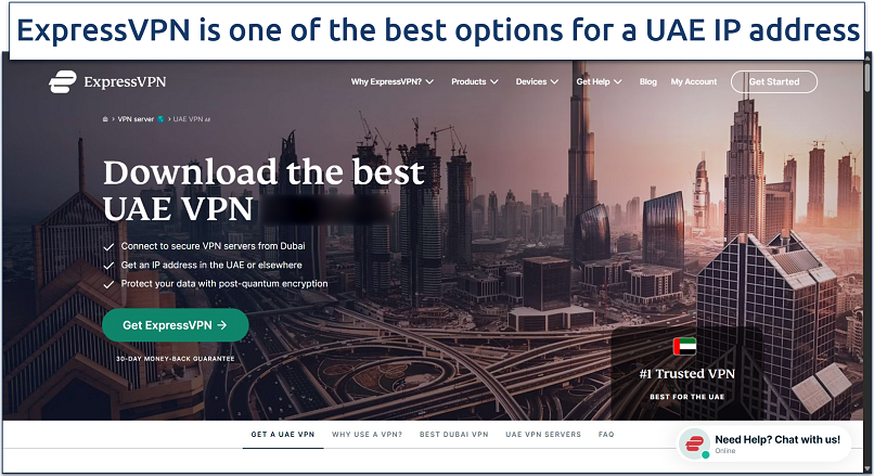 Screenshot of ExpressVPN's website page showing information about its UAE servers