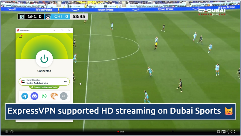 Screenshot showing the ExpressVPN app over Dubai Sports in a browser