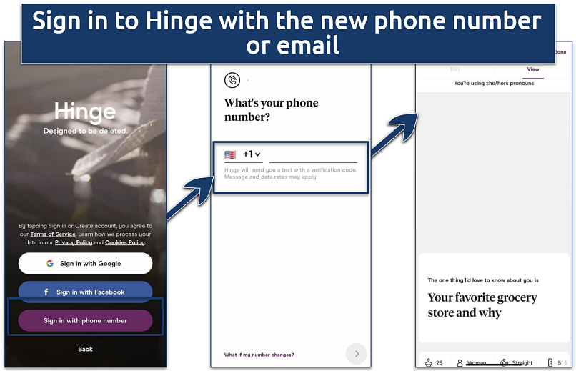 Screenshots of Hinge sign-in
