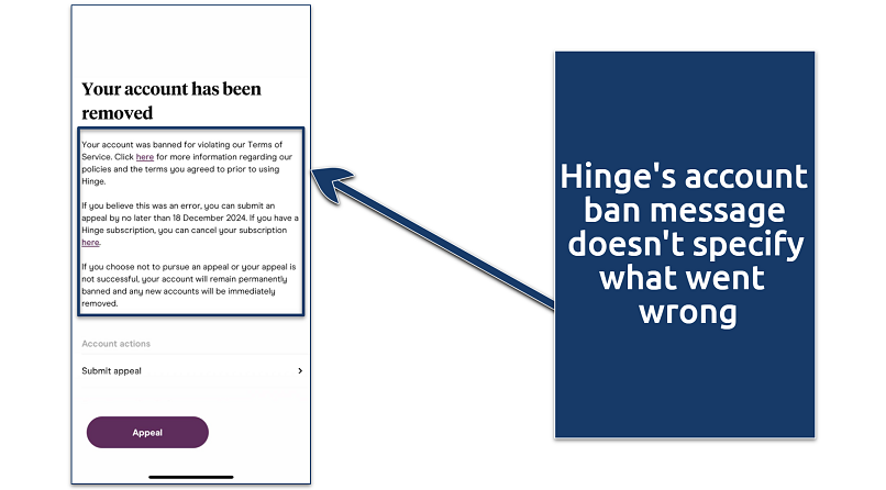 Screenshot of the Hinge account ban message