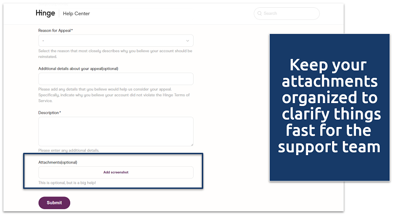 Screenshot of the Hinge request form