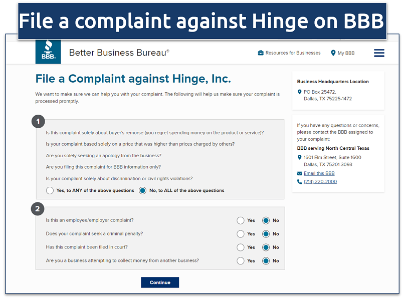 Screenshot of BBB's complaint page