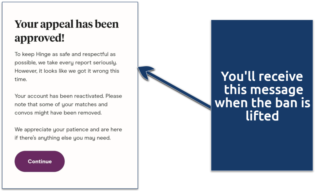 Screenshot of Hinge ban being lifted
