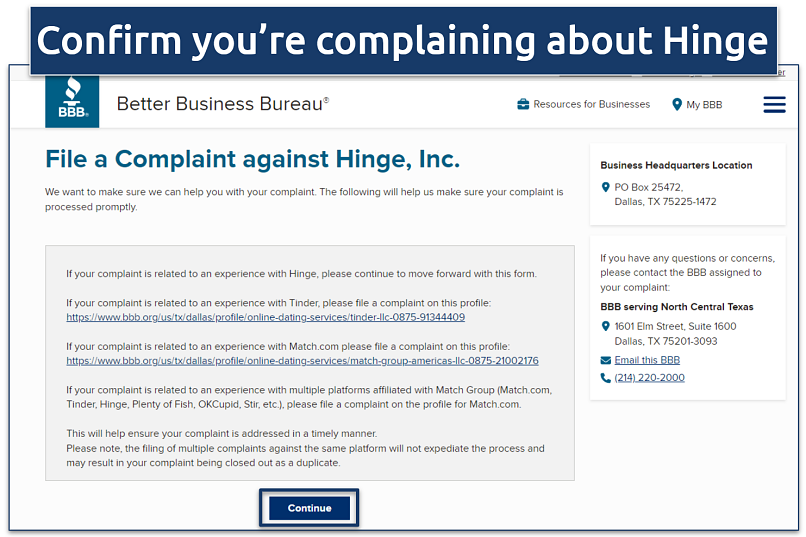Screenshot of BBB's complaint page