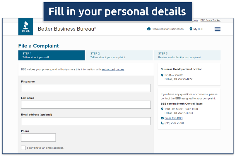 Screenshot of BBB's step one of the complaint page
