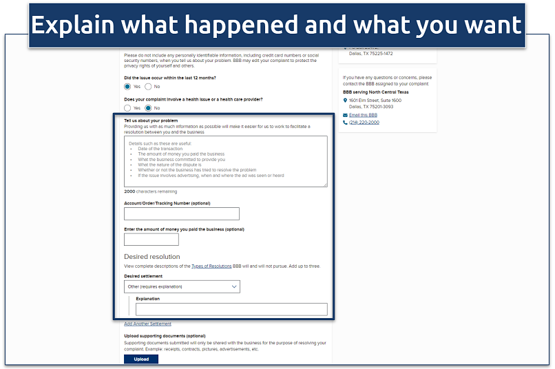 Screenshot of BBB's step two of the complaint page