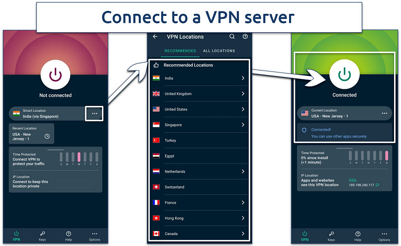 Screenshots of the ExpressVPN server connection