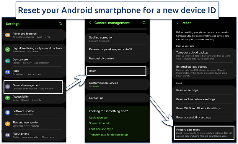 Screenshots of Android reset steps