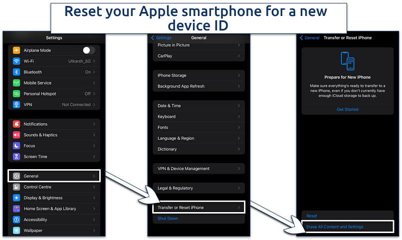 Screenshots of iOS reset steps