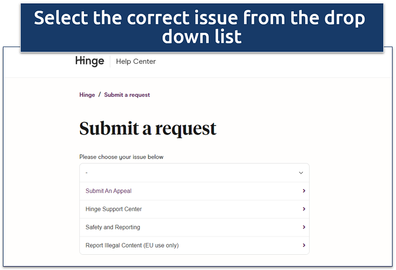Screenshot of Hinge Submit a request page