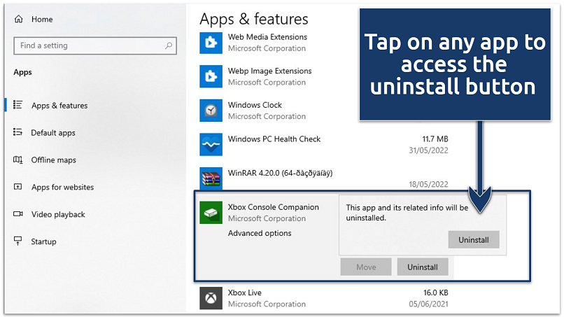 A screenshot of the apps installed on Windows OS