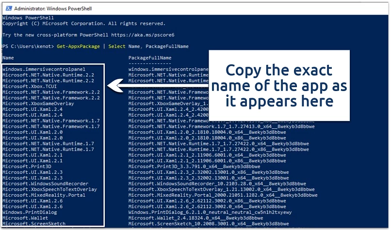 A screenshot of the Powershell Windows apps list