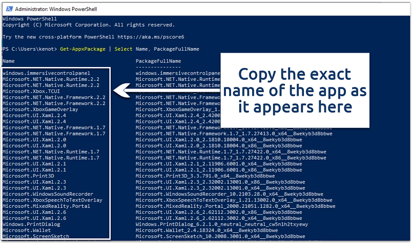 A screenshot of the Powershell Windows apps list