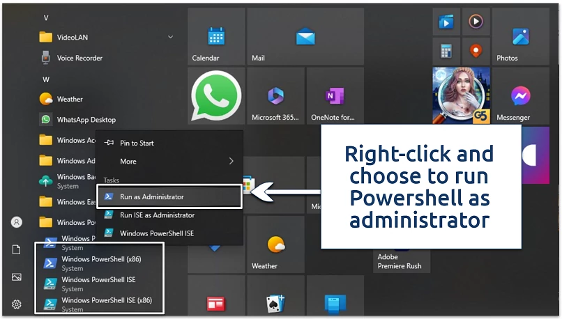 A screenshot of the Powershell feature on the Windows start menu