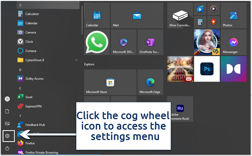 Screenshot of Windows start up menu
