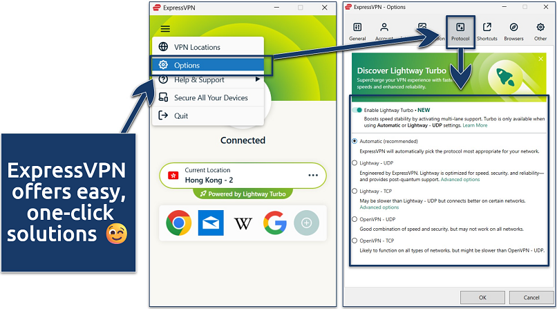 Screenshots of the ExpressVPN Windows app showing the 'Options' menu and 'Protocol' settings