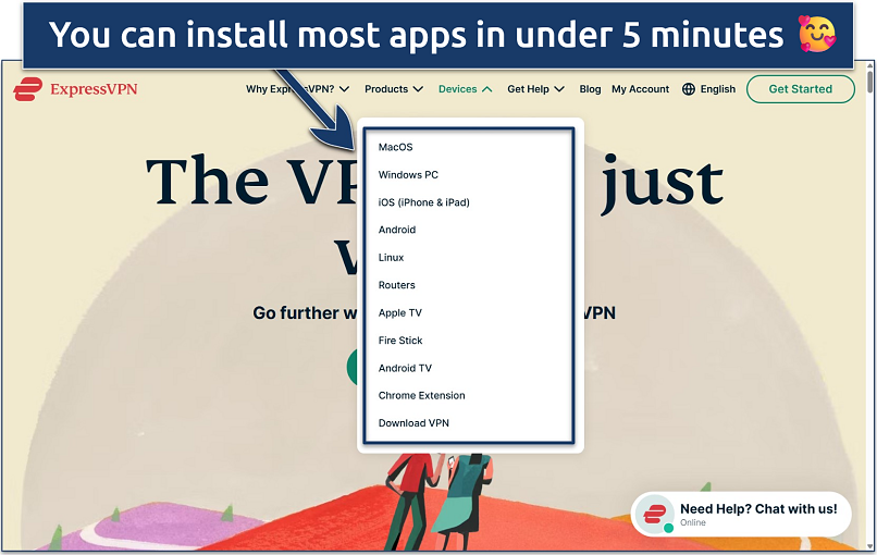 Screenshot showing some of the devices that ExpressVPN works on