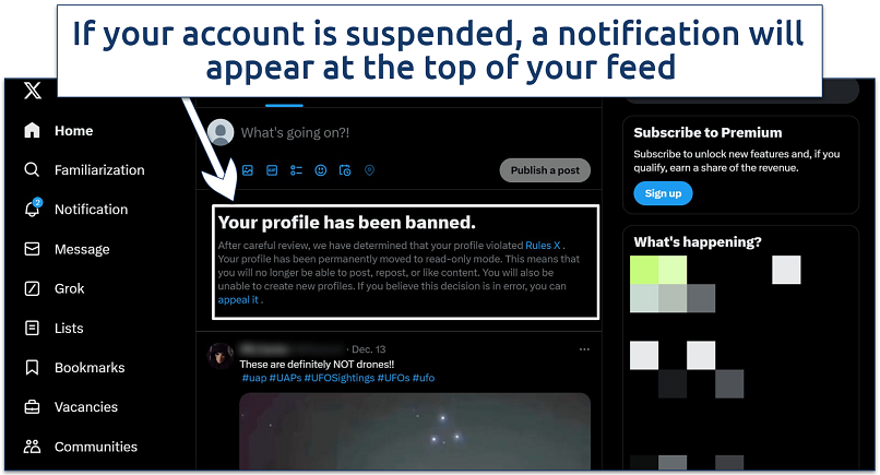 A screenshot displaying X’s account suspension notice