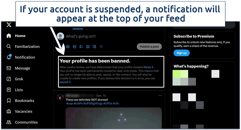 A screenshot displaying X’s account suspension notice