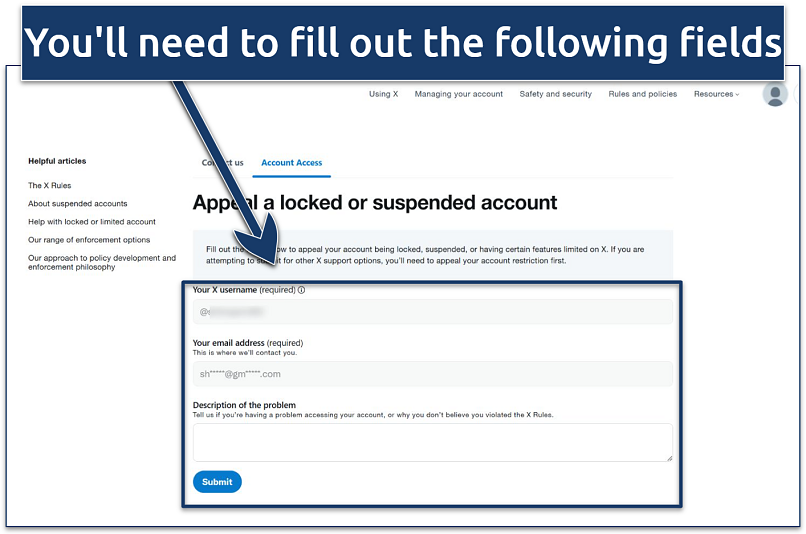 A screenshot showing X's appeal submission page
