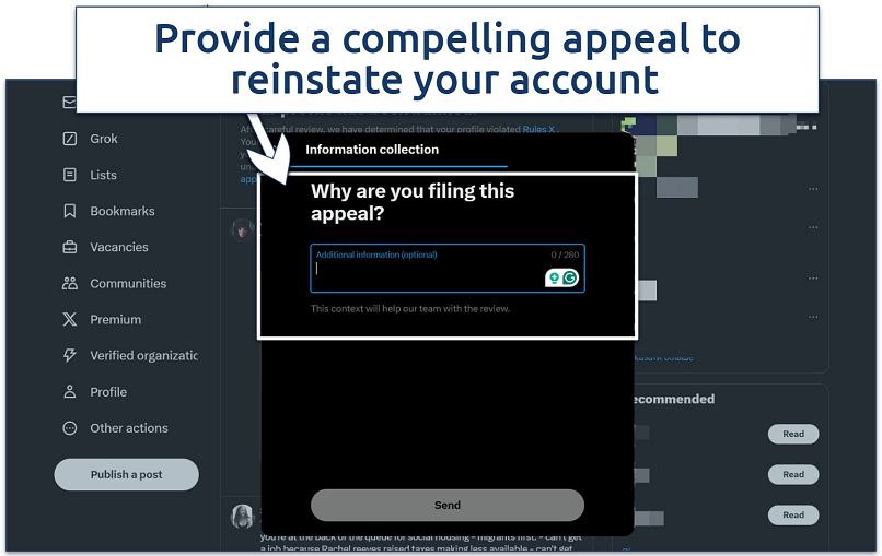 A screenshot showing X's appeal message box